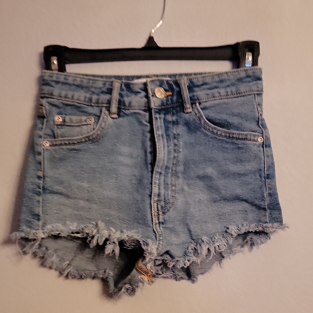 Zara Blue Jean Shorts High-Waisted Frayed Hem Preowned.